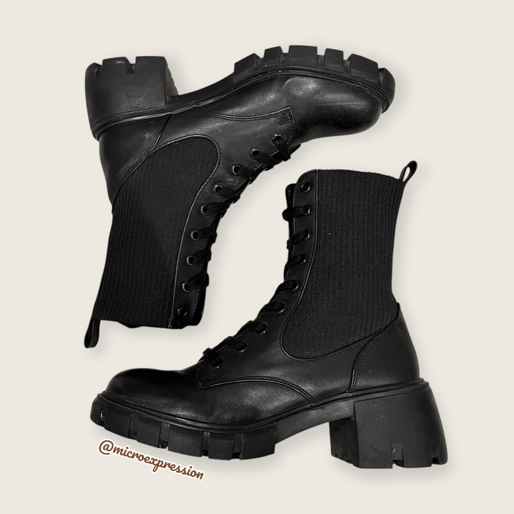 Steve Madden Hunt Stretch Black Combat Moto Lace Up Boots Chunky Heel